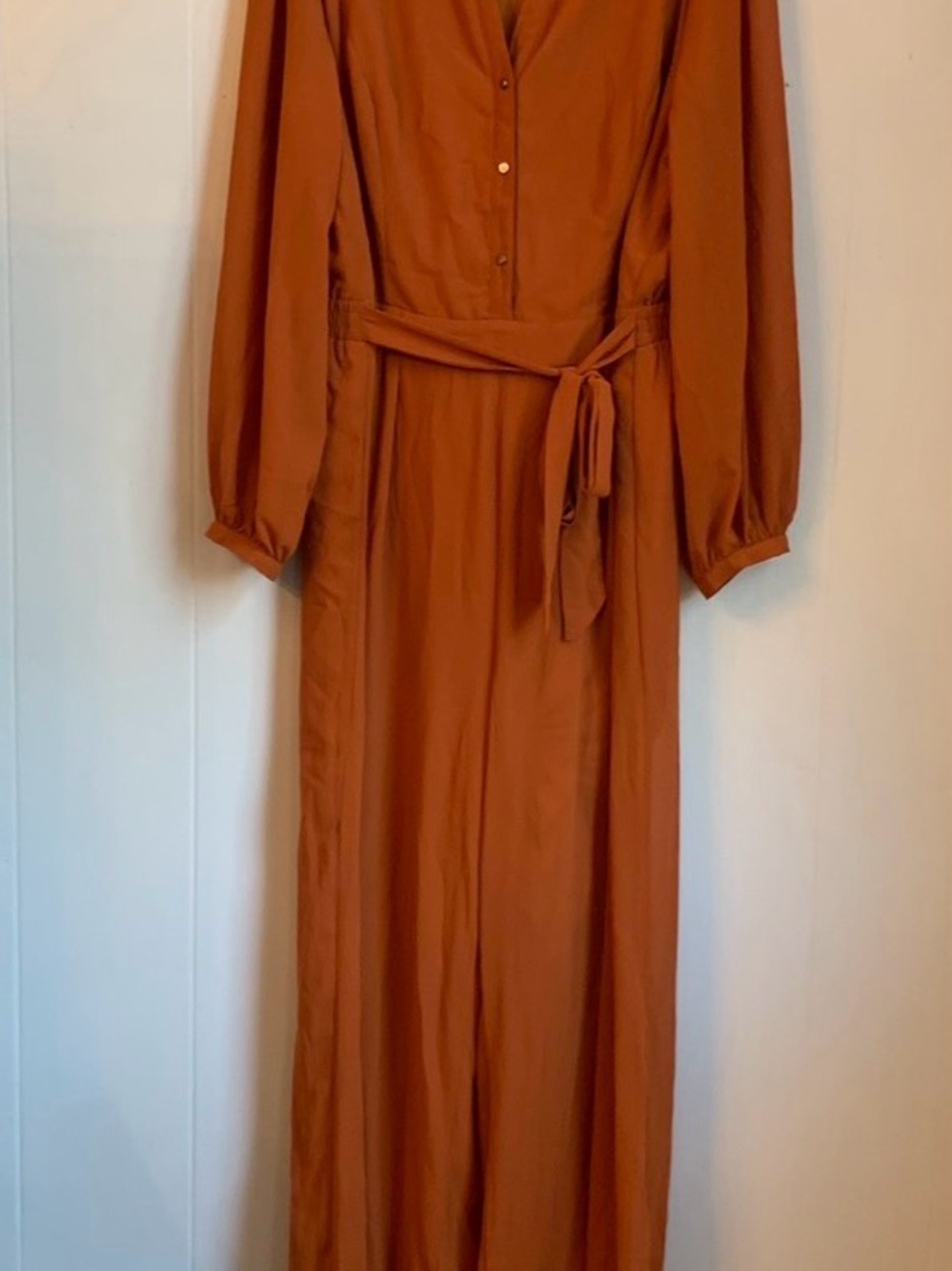 Fashion Nova Belted Long Sleeve jumpsuit in Rust